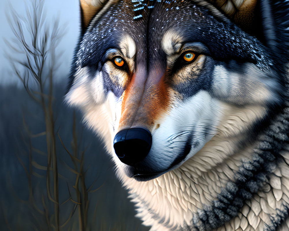 Realistic wolf digital illustration with intense blue eyes and fur textures