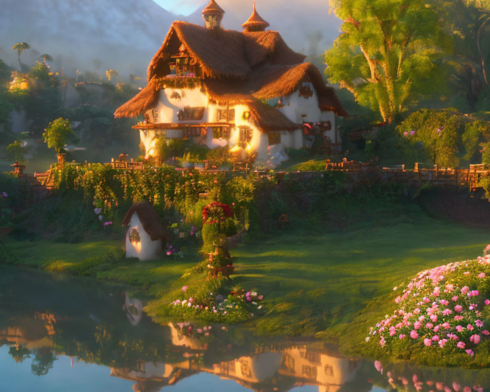 Quaint thatched roof cottage by calm pond at sunrise