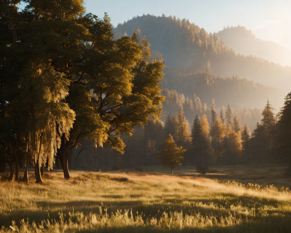 Serene forest clearing at sunrise with tall trees and mountain backdrop