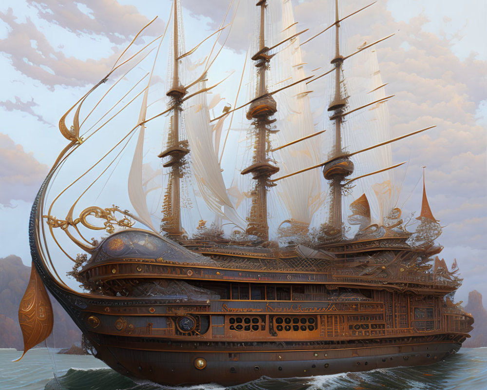 Fantasy-style ornate sailing ship with golden decorations sailing at sea