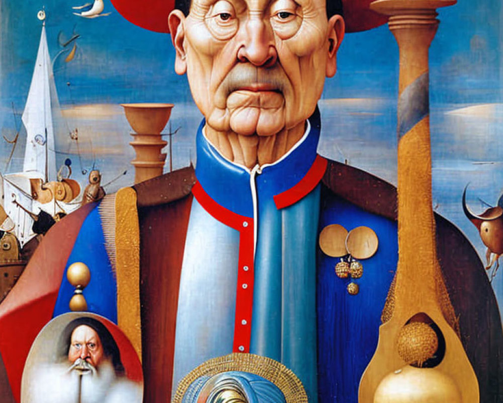 Man with ships and shields in surreal portrait on blue background