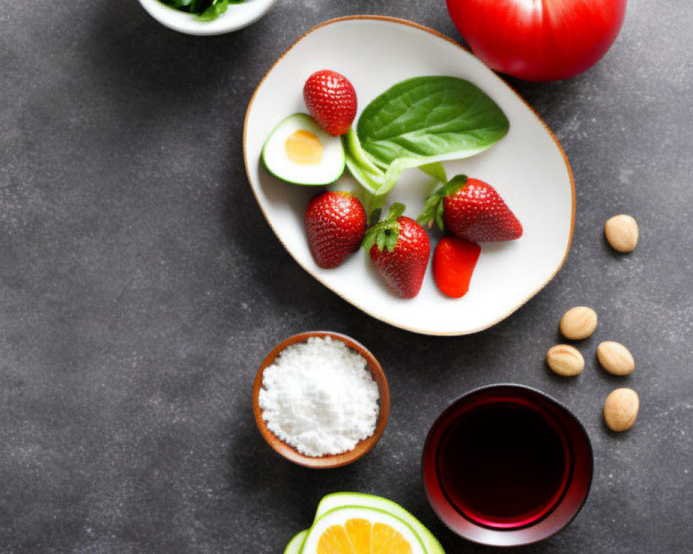 Fresh Ingredients Flat Lay: Strawberries, Basil, Tomato, Avocado, Lemon, Almonds on