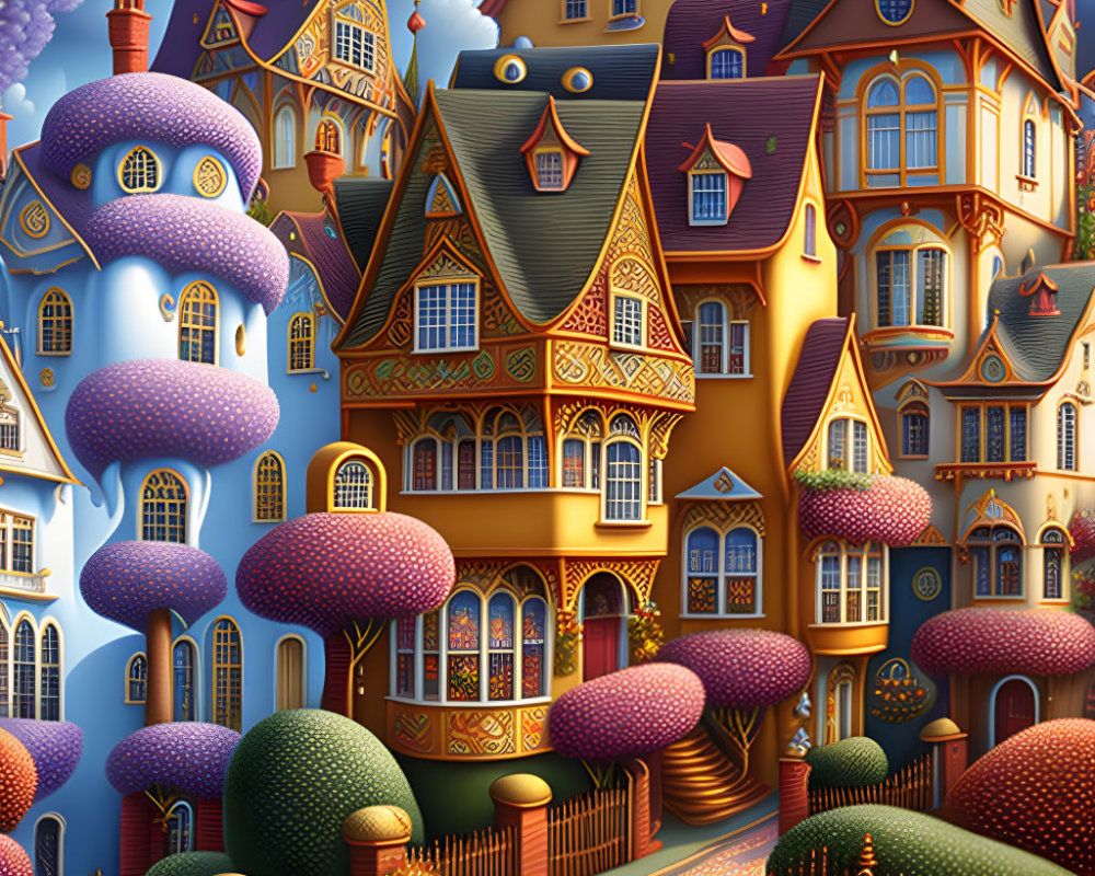 Whimsical fantasy illustration of mushroom-like houses under dusk sky