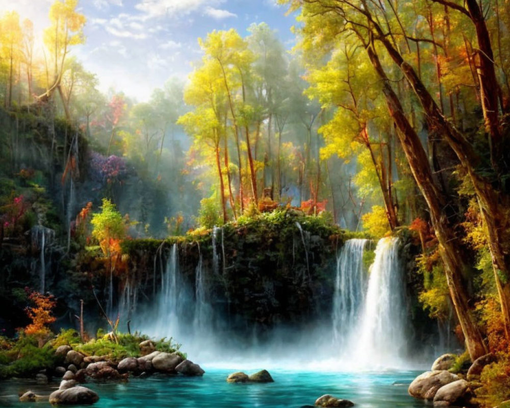 Tranquil landscape with autumn trees, waterfall, and serene pond