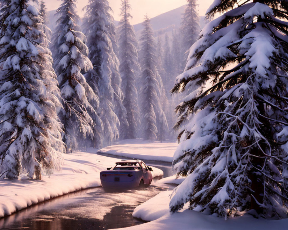 Pink Car Overturned in Snowy Pine Tree Setting