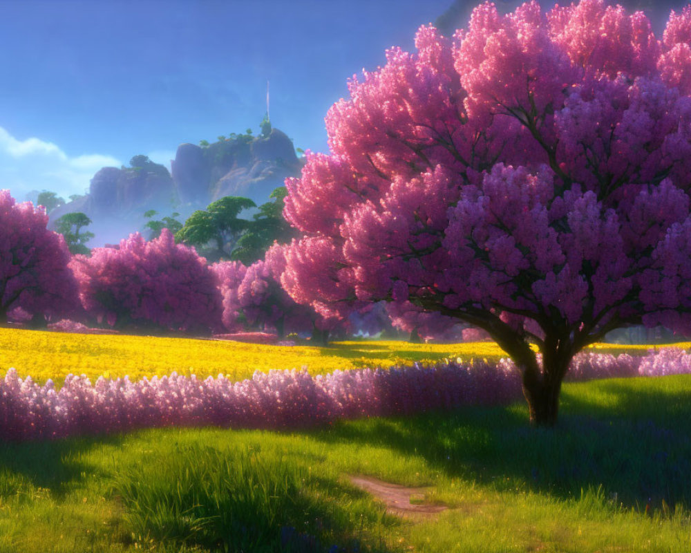 Tranquil landscape with pink cherry blossoms, yellow flowers, and distant castle