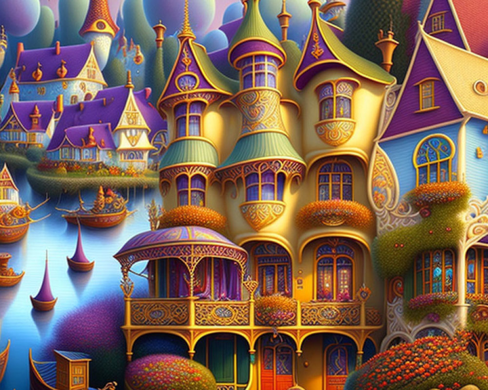 Fantasy cityscape illustration with ornate buildings and colorful skies