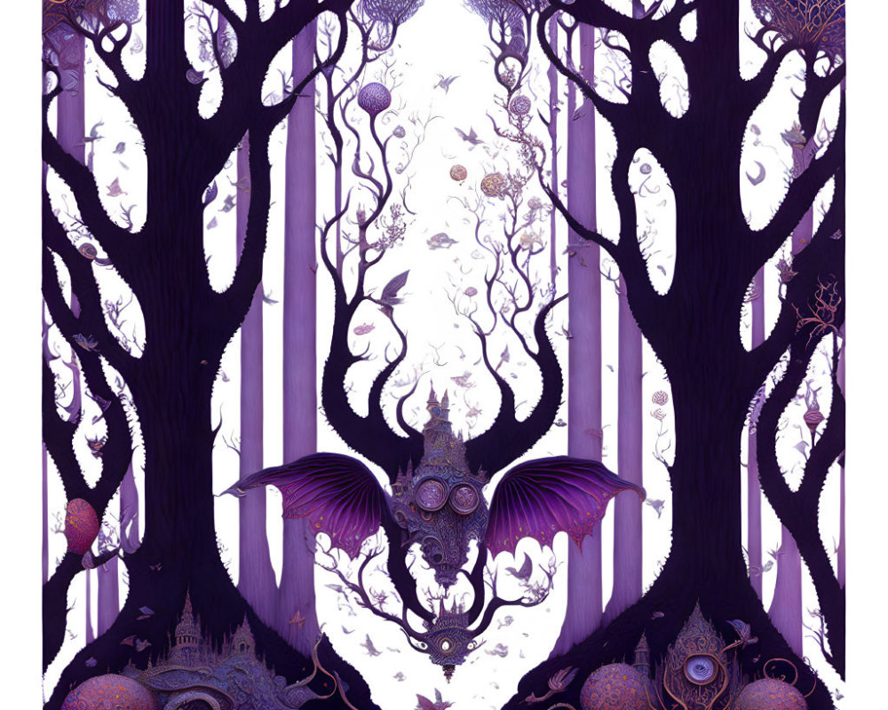 Fantastical Purple Forest with Intricate Trees and Bat-Like Creature