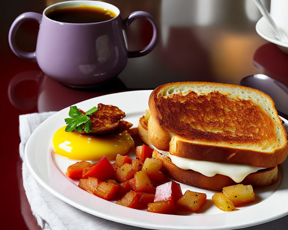 Fried Egg, Toasted Sandwich, Potatoes, Sausage & Coffee Breakfast Plate