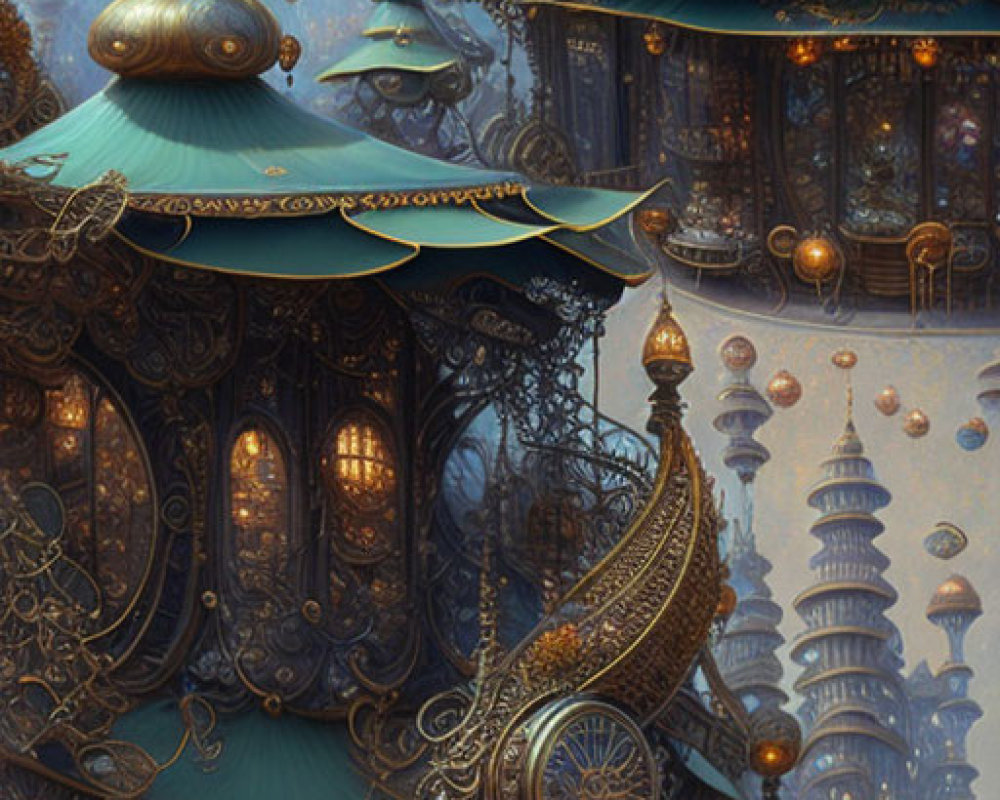 Intricate steampunk-inspired fantasy cityscape at dusk