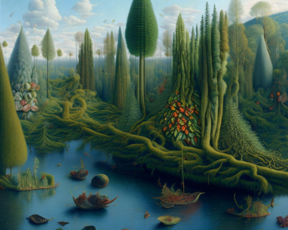 Exaggerated tree shapes, calm river, boats, moss textures, vibrant fruits