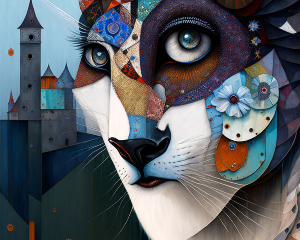 Vibrant lion art with segmented face and castle backdrop