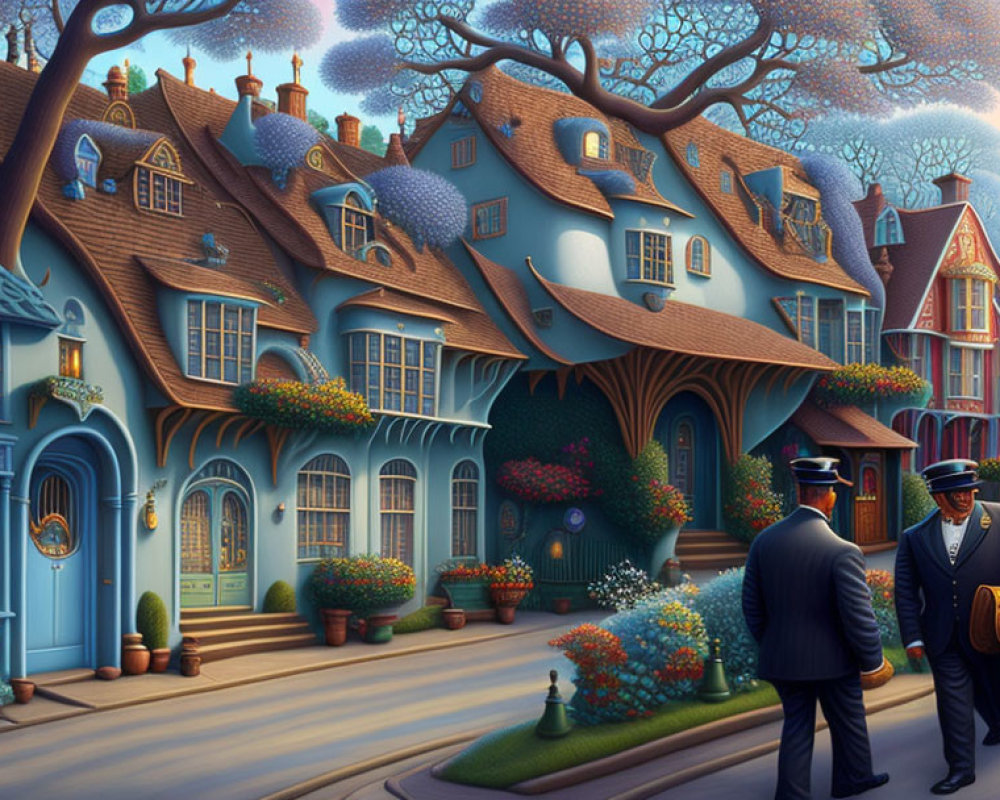 Colorful Houses and Blooming Trees on Whimsical Street with Vintage-Dressed Gentlemen