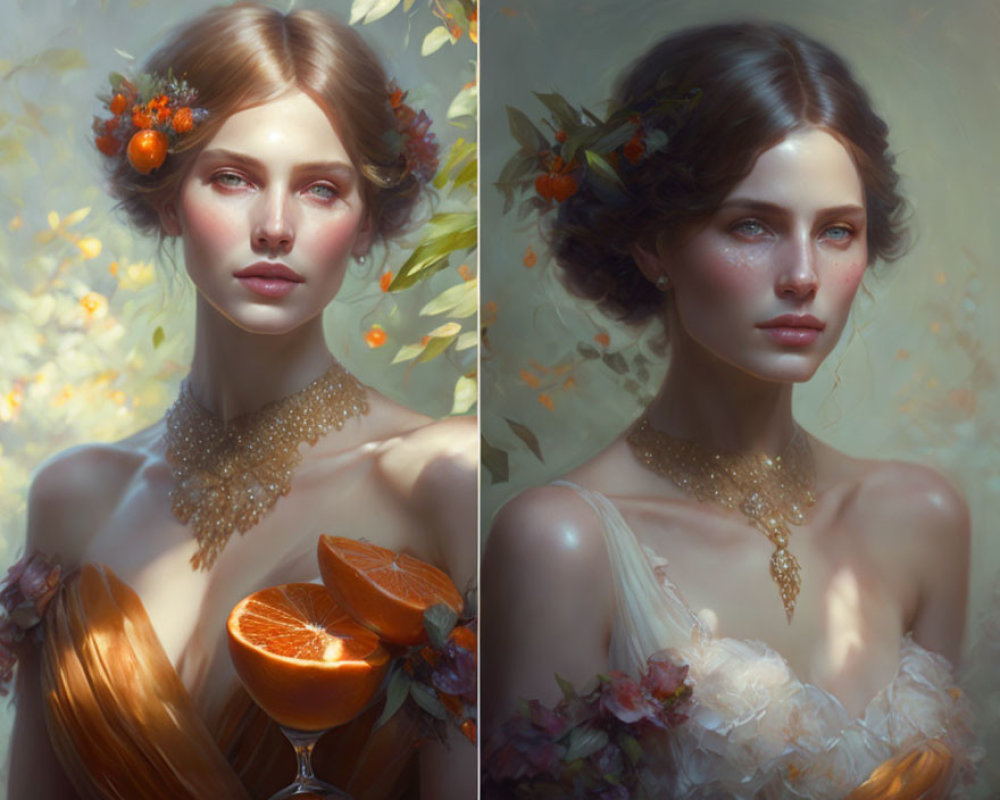 Portraits of a Woman with Fruits and Flowers in Warm Glow