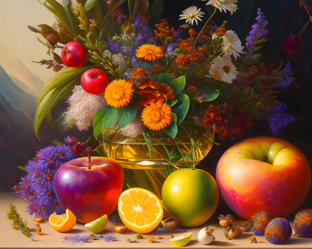 Colorful still life painting with golden bowl and fruits against mountain backdrop