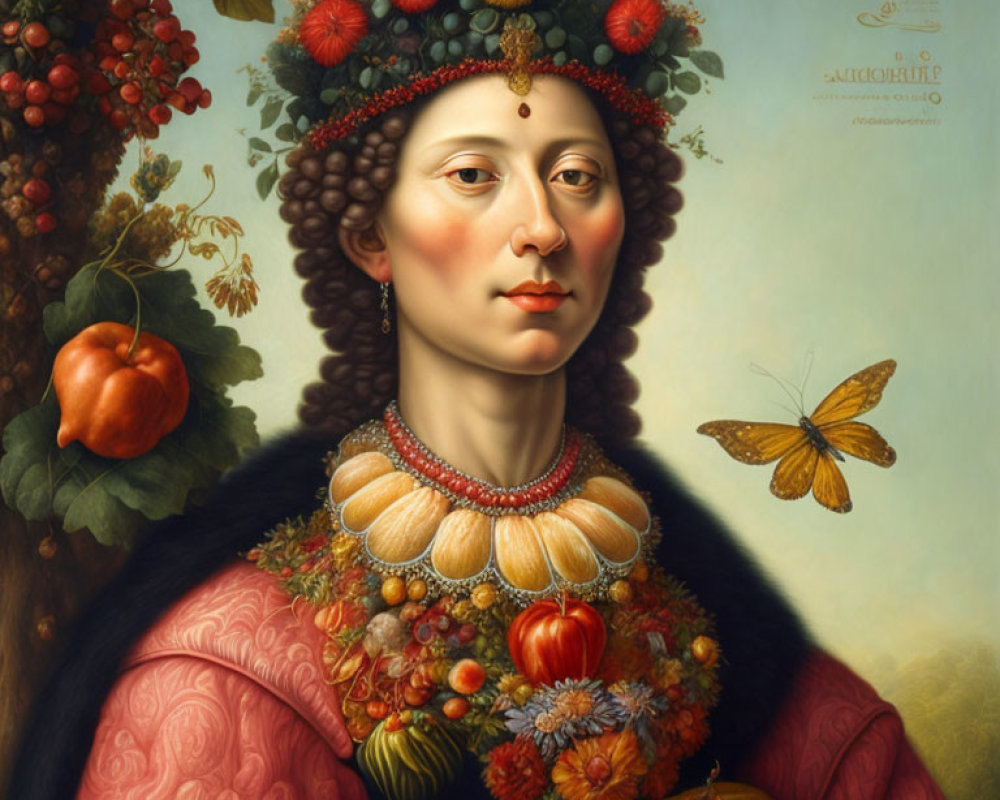 Woman portrait with fruits, plants, and butterfly on creamy background