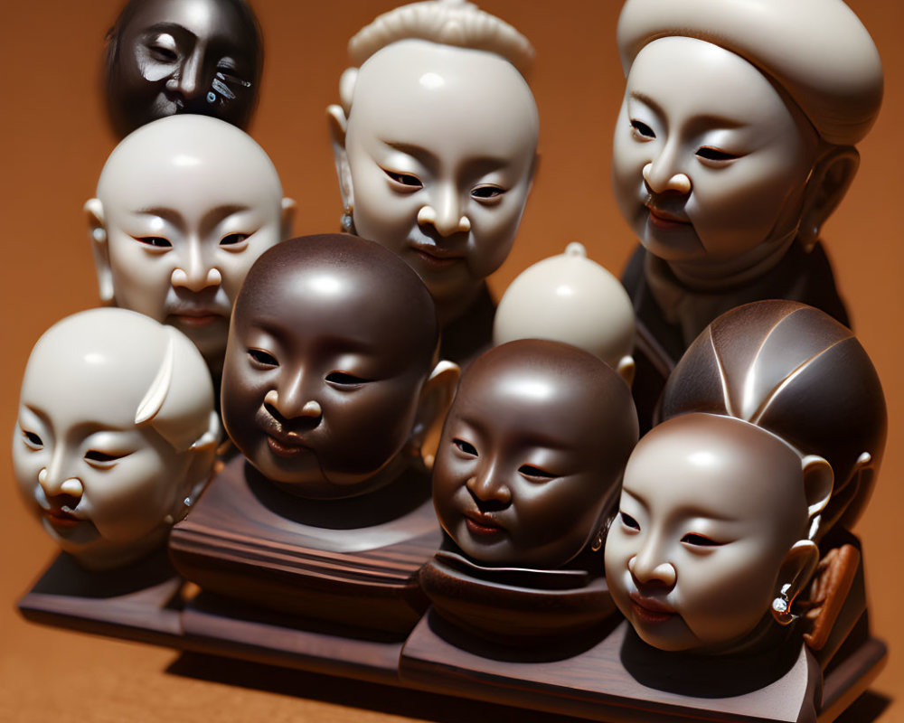 Asian Traditional Theatre Masks Displayed on Wooden Stand Against Earth-Toned Background