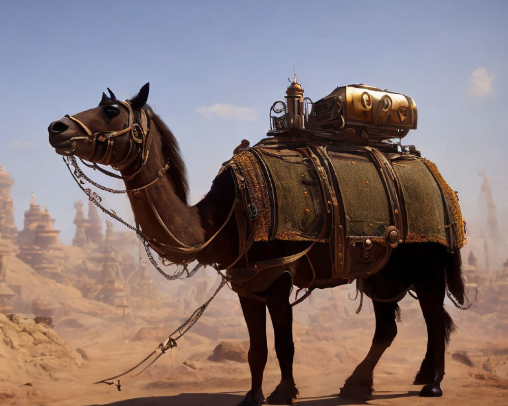 Mechanical Camel with Armor in Futuristic Desert Landscape