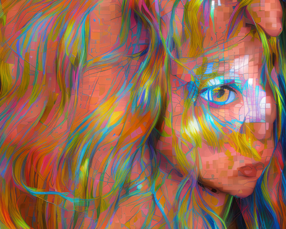 Colorful digital artwork of a woman with multicolored hair and blue eye in mosaic texture