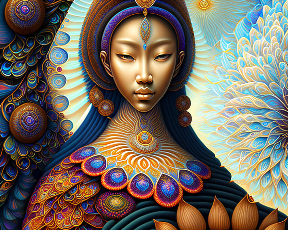 Digital artwork of a tranquil woman with mystical patterns and feathers.