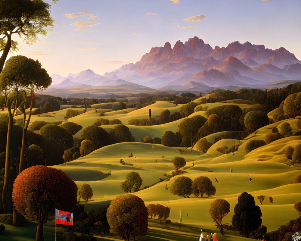 Tranquil golf course scene with rolling hills, diverse trees, and distant mountains