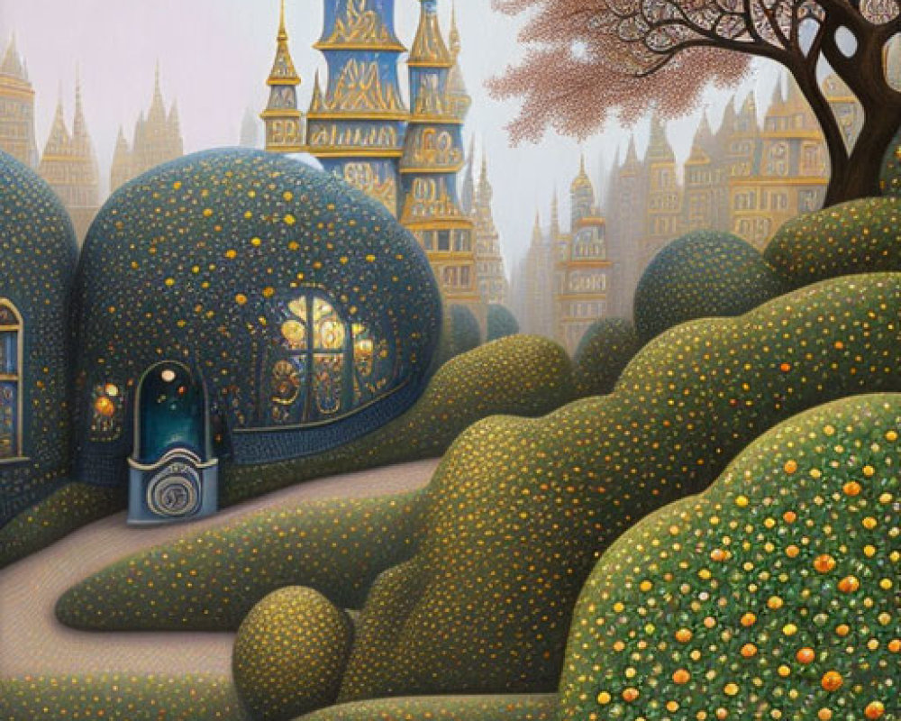 Whimsical painting of tree-lined pathway to blue tower