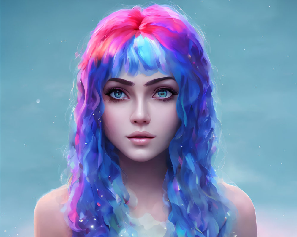 Vibrant multicolored hair woman digital artwork on soft blue background