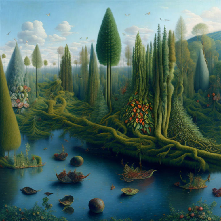 Exaggerated tree shapes, calm river, boats, moss textures, vibrant fruits