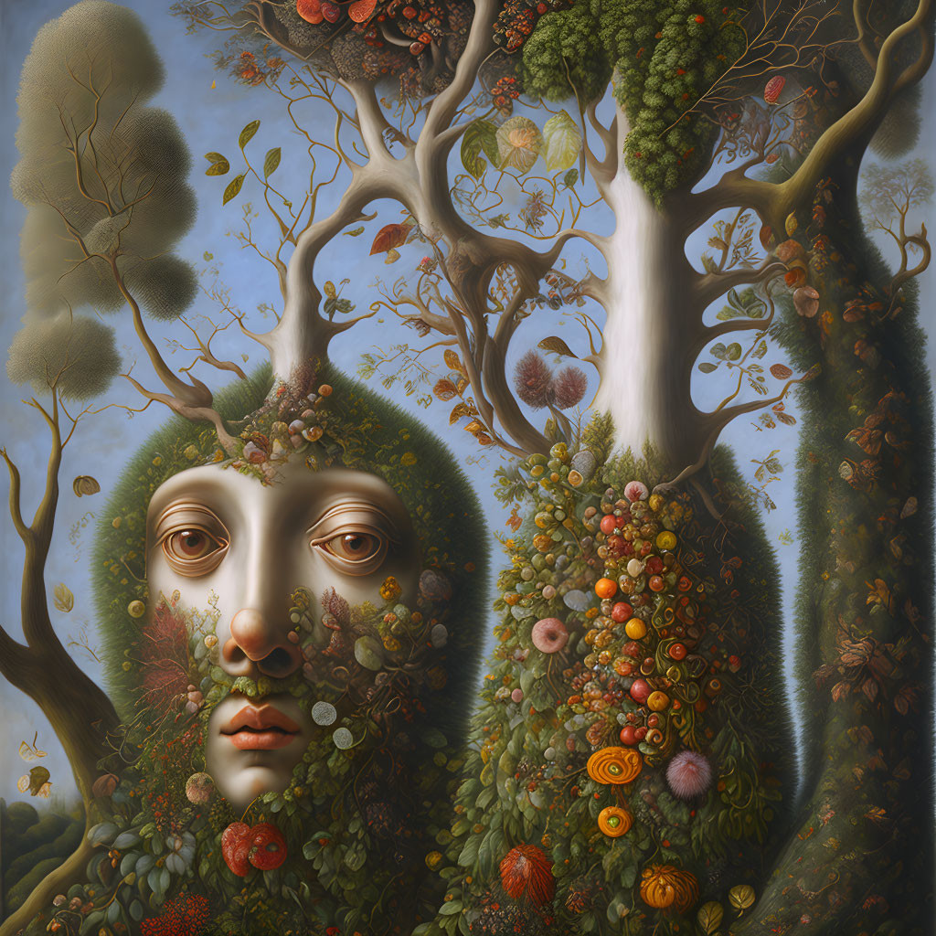 Surreal painting: Face merged with diverse flora landscape