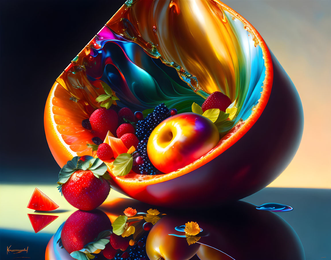 Colorful digital art: sliced fruit with berries and plum on dramatic backdrop