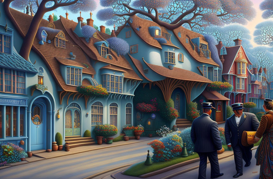 Colorful Houses and Blooming Trees on Whimsical Street with Vintage-Dressed Gentlemen