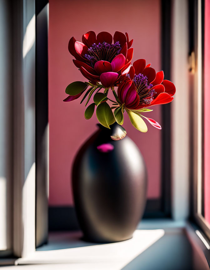 Black Vase with Red and Purple Flowers on Windowsill