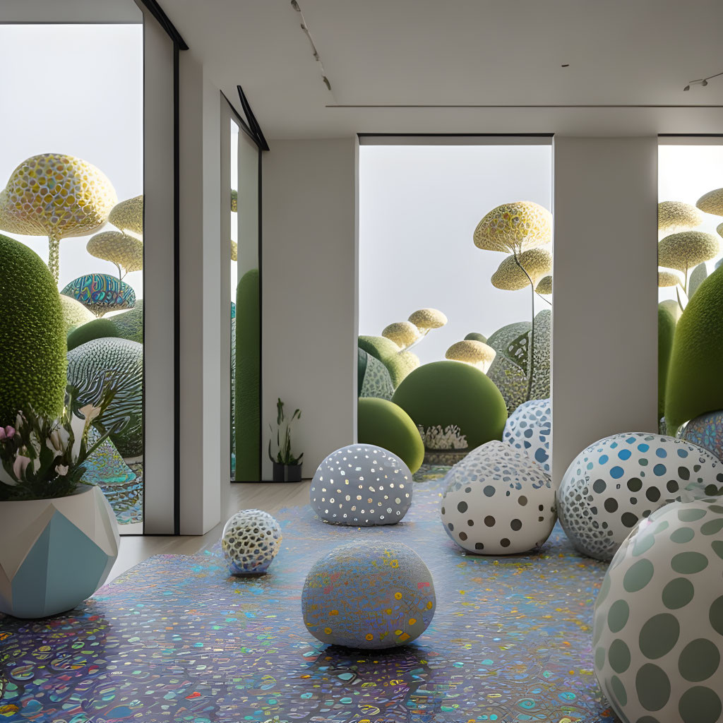 Contemporary Room with Mushroom Sculptures and Patterned Floor