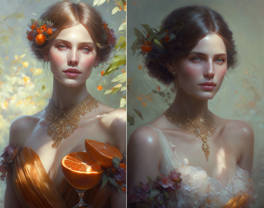 Portraits of a Woman with Fruits and Flowers in Warm Glow