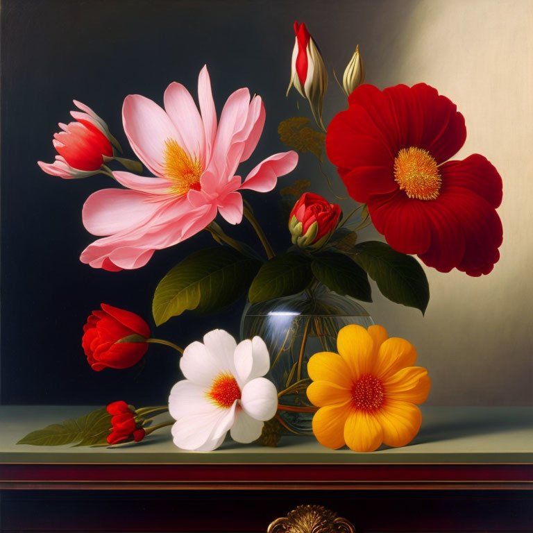 Colorful flowers in glass vase against dark backdrop