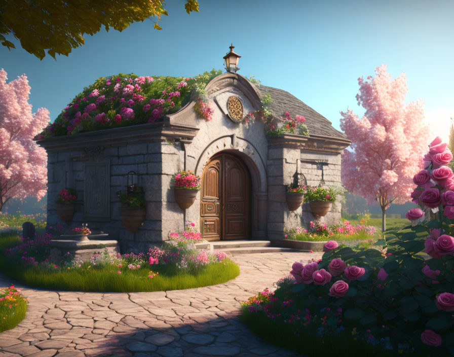 Stone mausoleum with pink flowers, greenery, and blooming trees on cobblestone