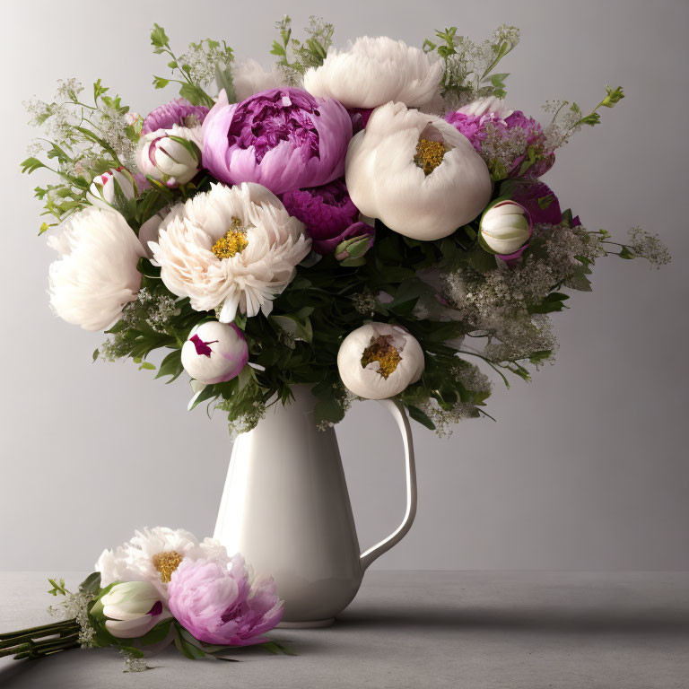 Pink and White Peonies Bouquet in White Jug on Neutral Background