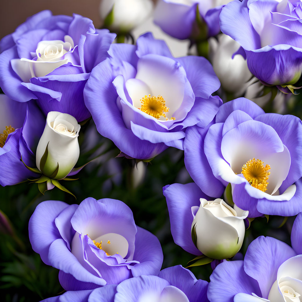 Vibrant violet and white flowers with yellow centers on blurred backdrop