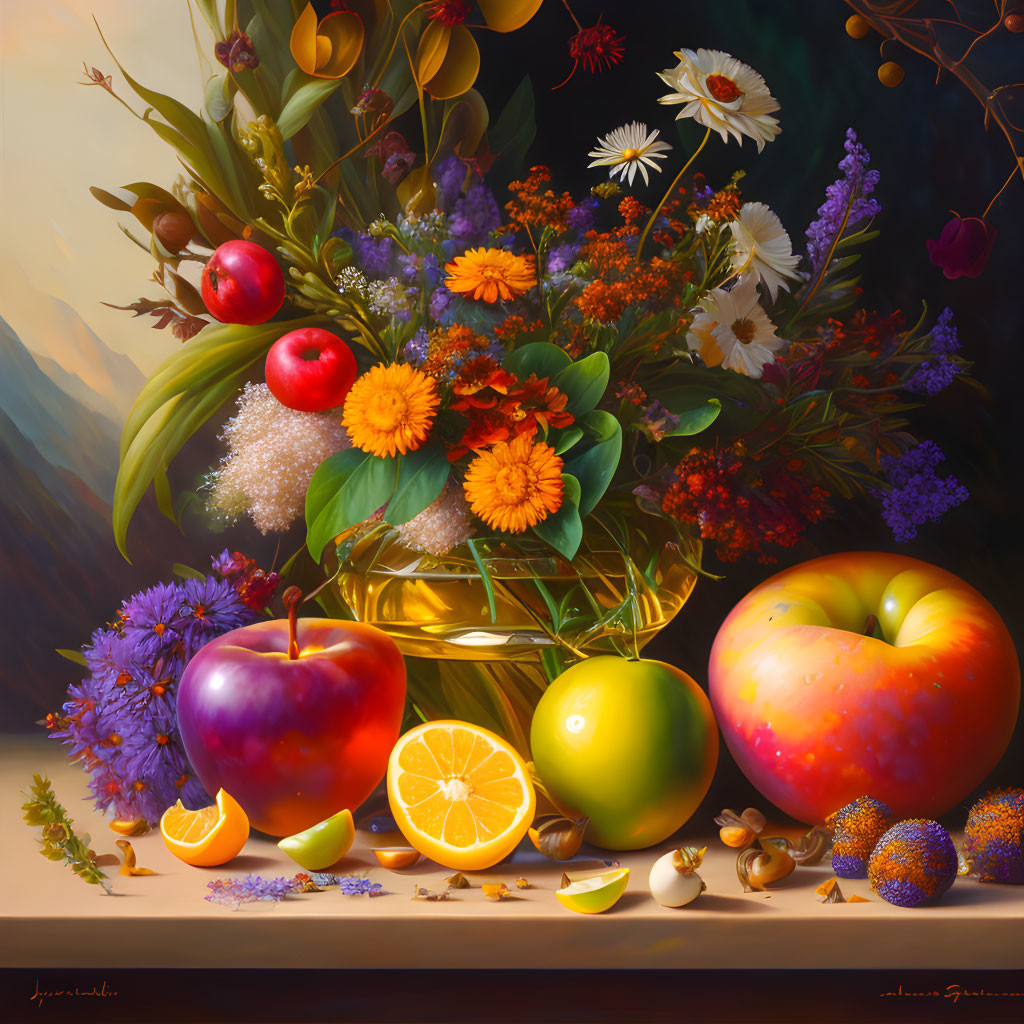 Colorful still life painting with golden bowl and fruits against mountain backdrop