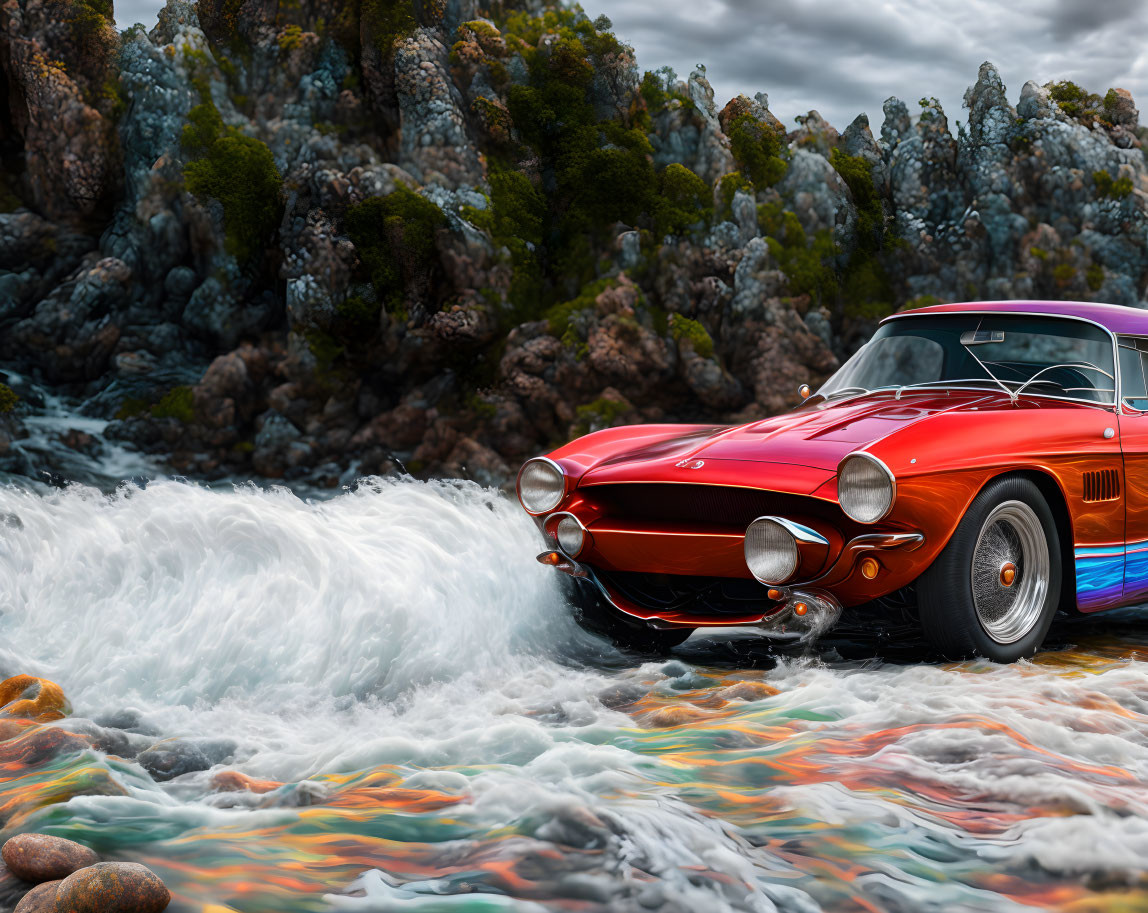 Vintage red car by rocky stream under cloudy sky