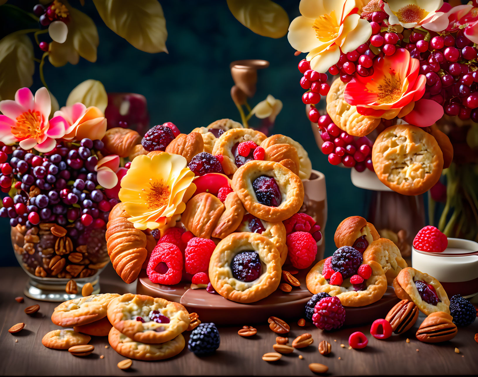 Assortment of Colorful Berry Pastries with Almonds and Flowers