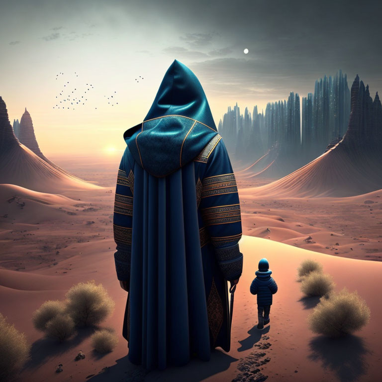 Robed figure and child in desert at dusk with rock formations and crescent moon.