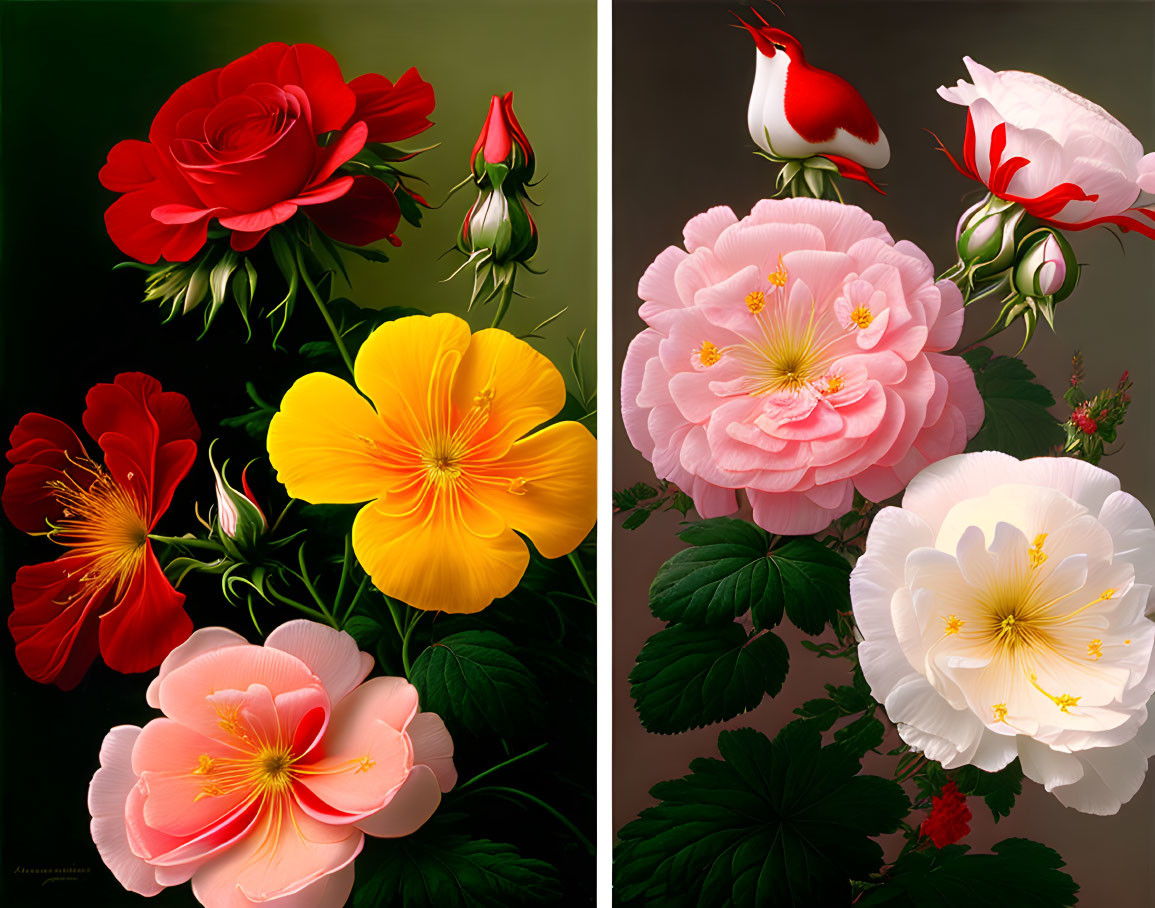 Colorful Digital Painting of Various Flowers with Detailed Petals