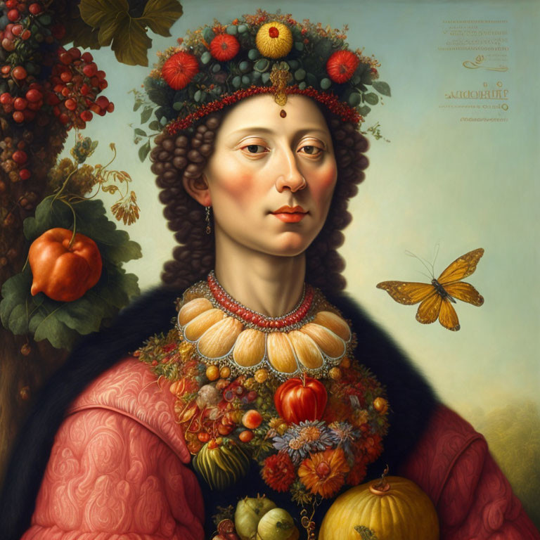 Woman portrait with fruits, plants, and butterfly on creamy background