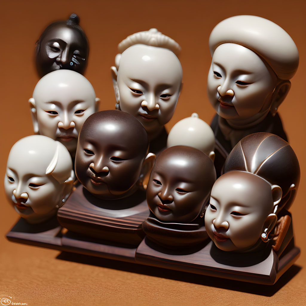 Asian Traditional Theatre Masks Displayed on Wooden Stand Against Earth-Toned Background