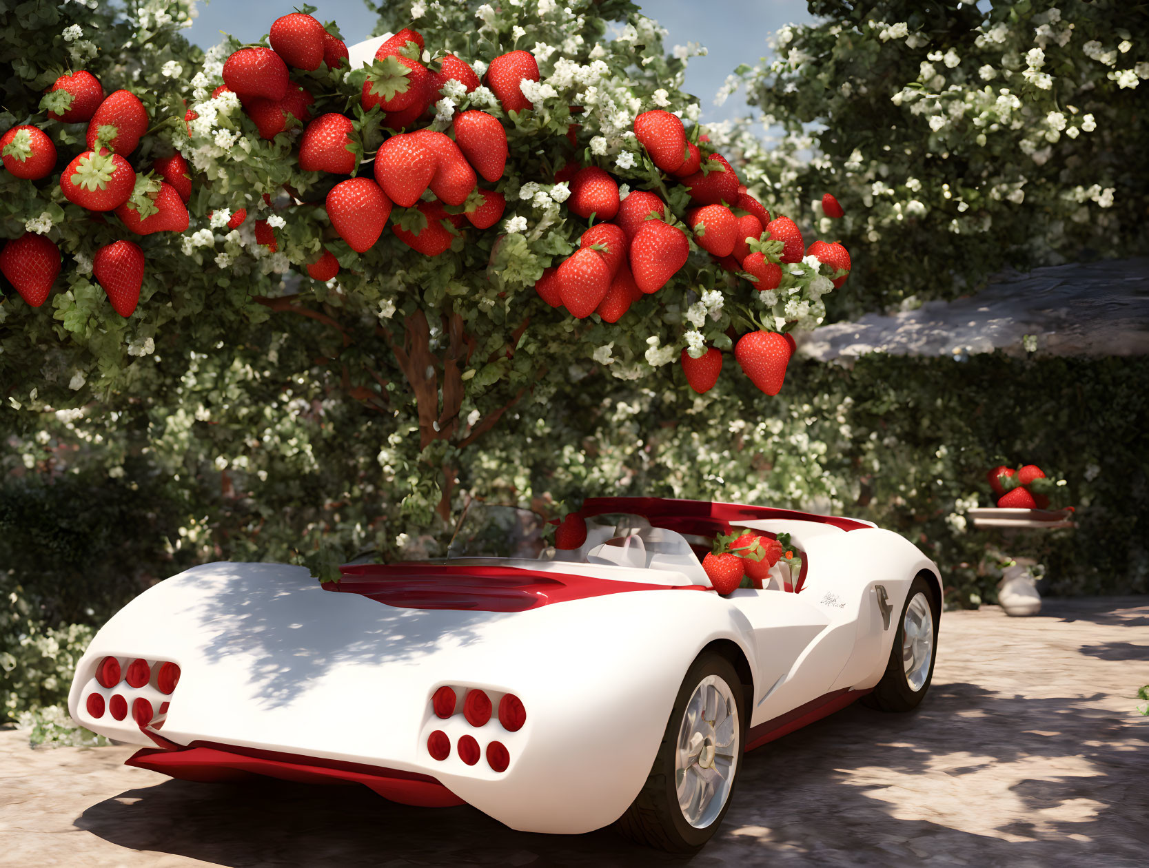 Whimsical white and red sports car under tree with oversized strawberries and white flowers on sunny day