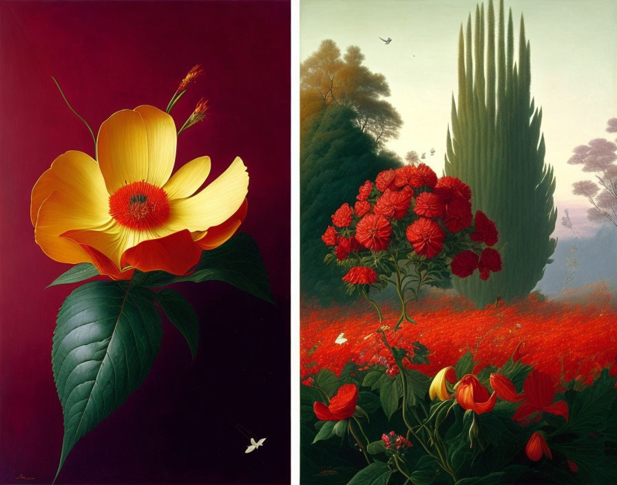 Vibrant Floral Diptych: Yellow Flower & Red Field with Cacti