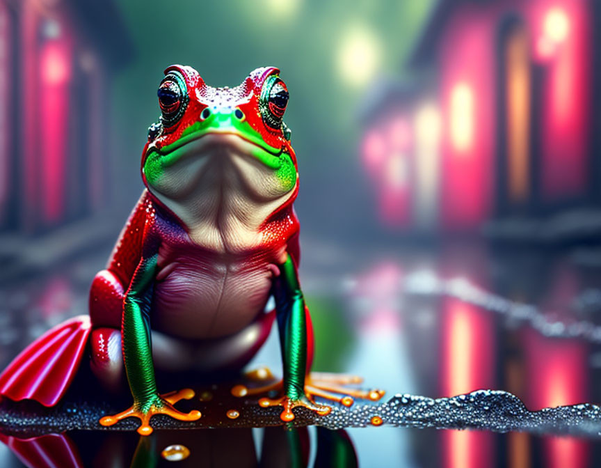 Vibrant multicolored frog on damp surface with bokeh lights reflection