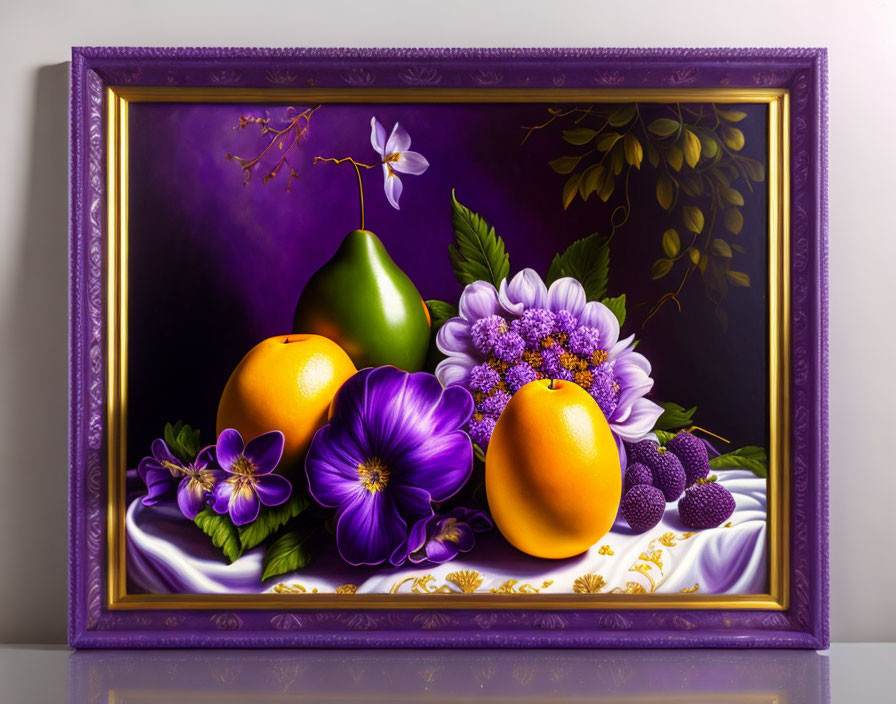 Vibrant still-life painting with fruit and flowers in purple frame