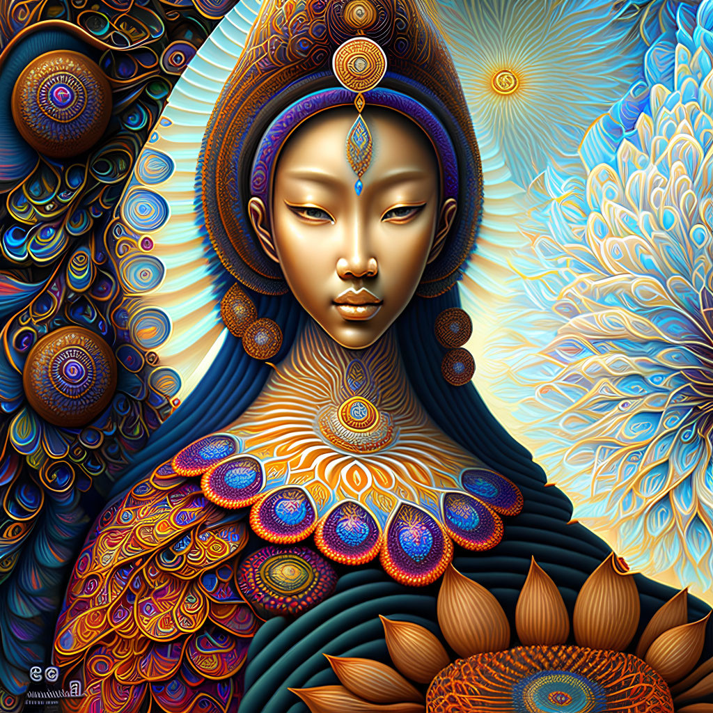 Digital artwork of a tranquil woman with mystical patterns and feathers.